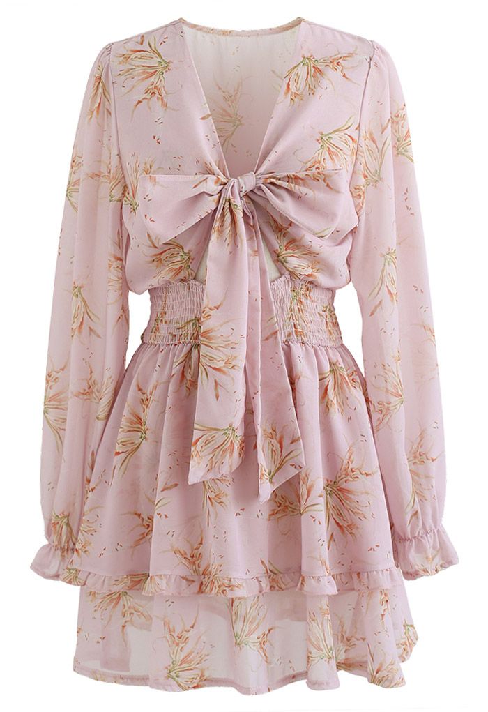 Tie-Knot Front Floral Chiffon Mini Dress in Pink
