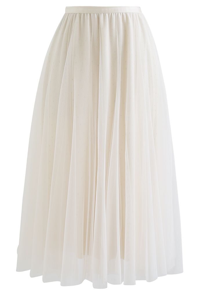 Rambling Crystal Decor Tulle Skirt in Cream
