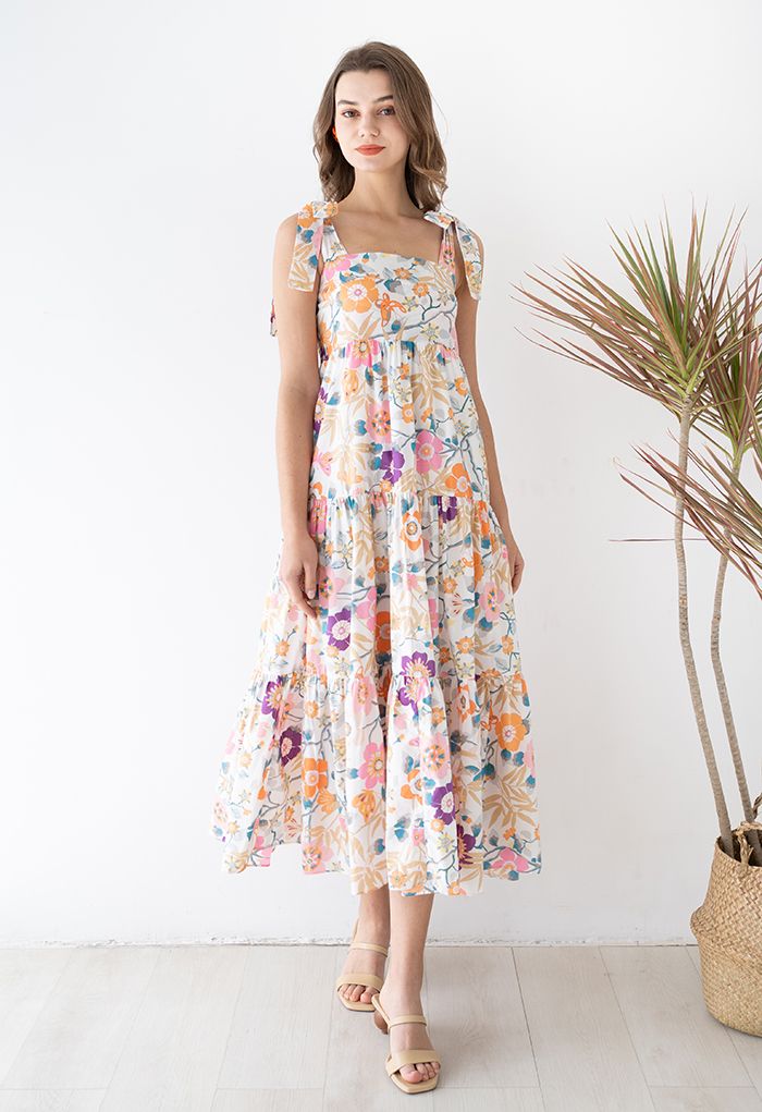 Plum Blossom Printed Tie-Strap Maxi Dress in Ivory