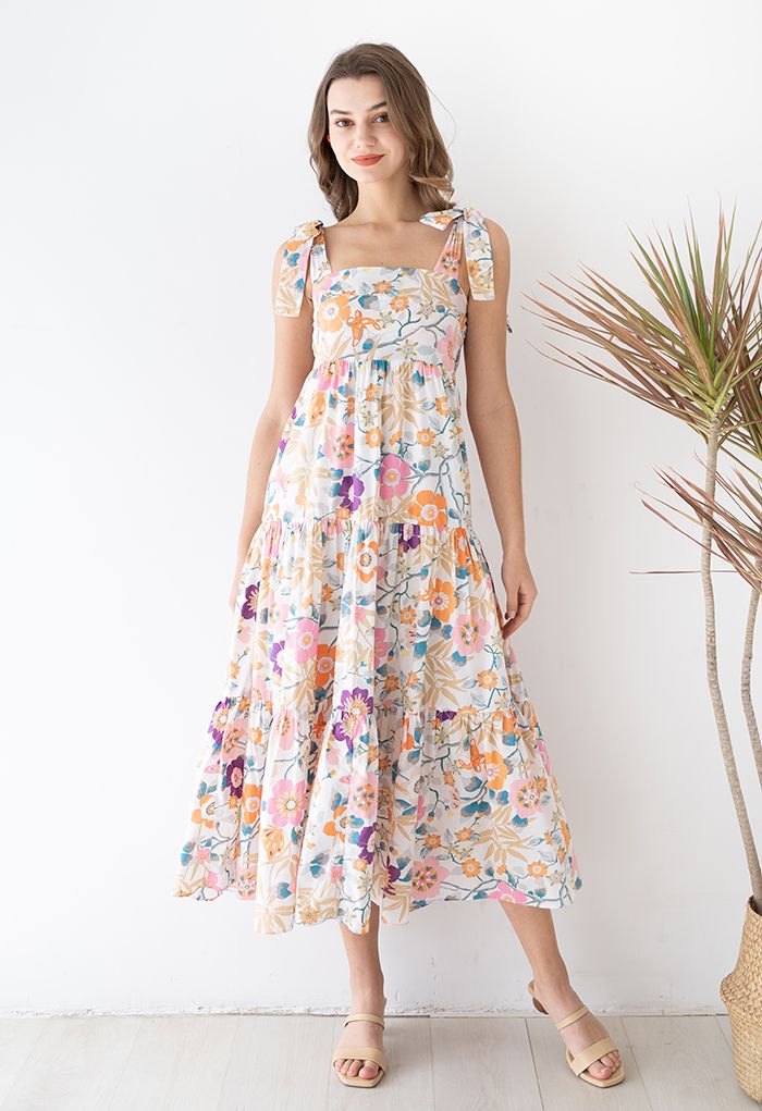 Plum Blossom Printed Tie-Strap Maxi Dress in Ivory