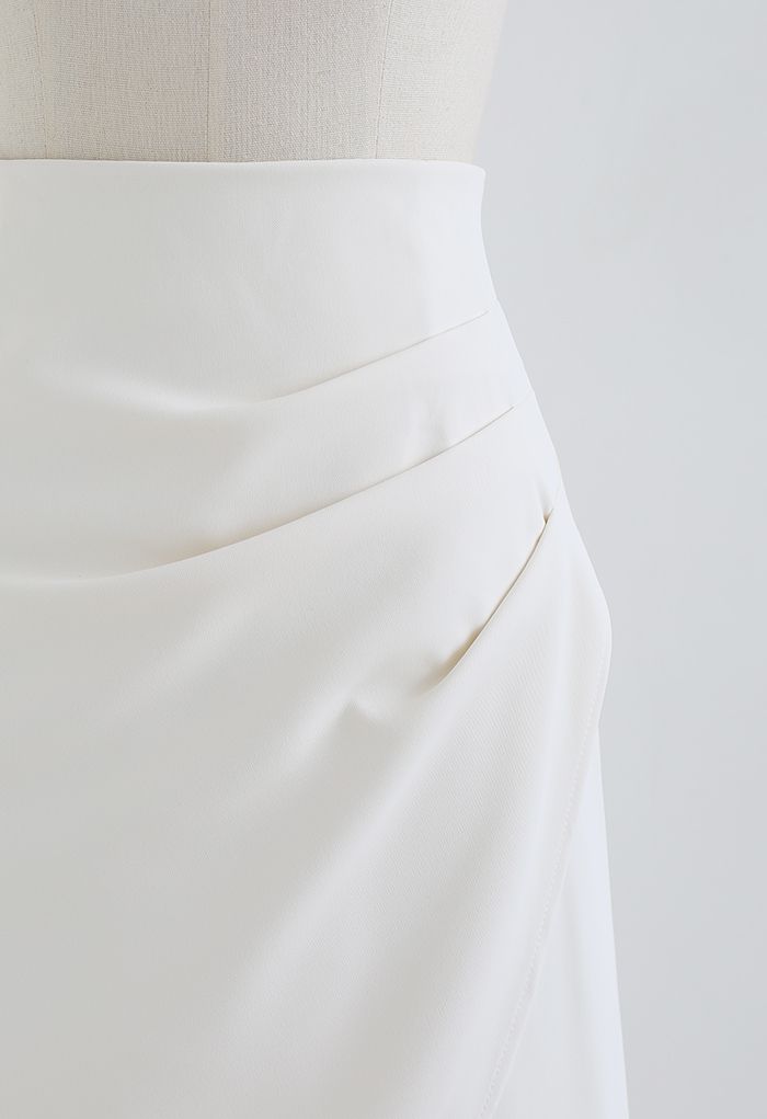 Side Ruched Flap Tulip Midi Skirt in Ivory
