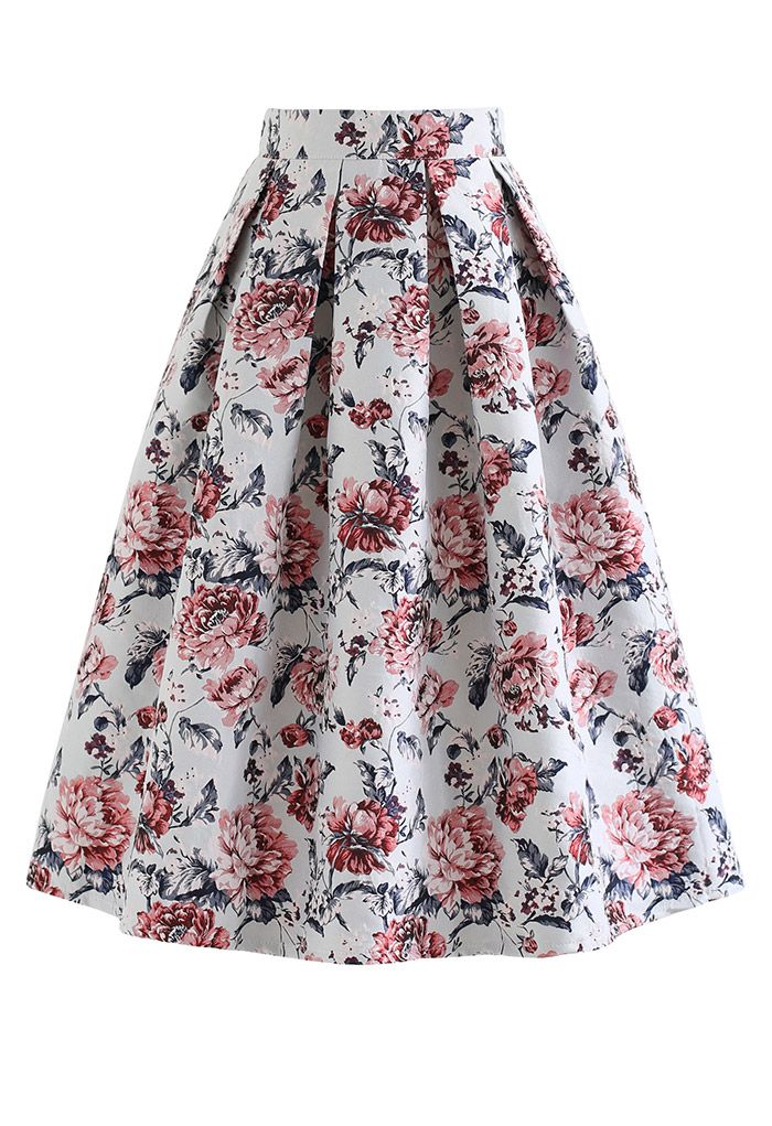 Showy Peony Jacquard Pleated Midi Skirt in Red