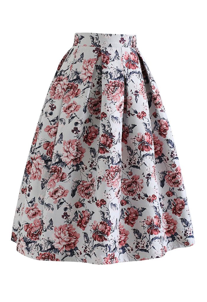 Showy Peony Jacquard Pleated Midi Skirt in Red