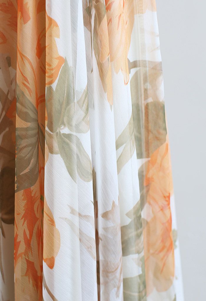 Vibrant Flower Print Chiffon Maxi Skirt in Orange