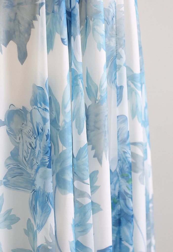 Vibrant Flower Print Chiffon Maxi Skirt in Blue