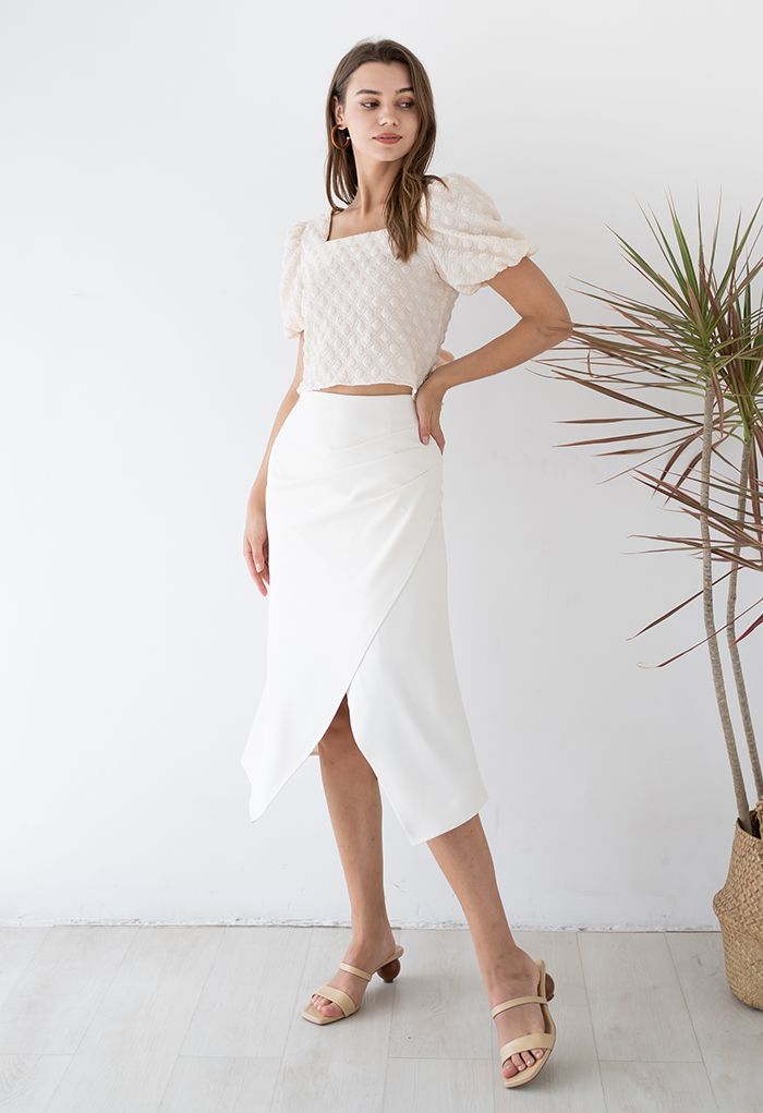 Side Ruched Flap Tulip Midi Skirt in Ivory