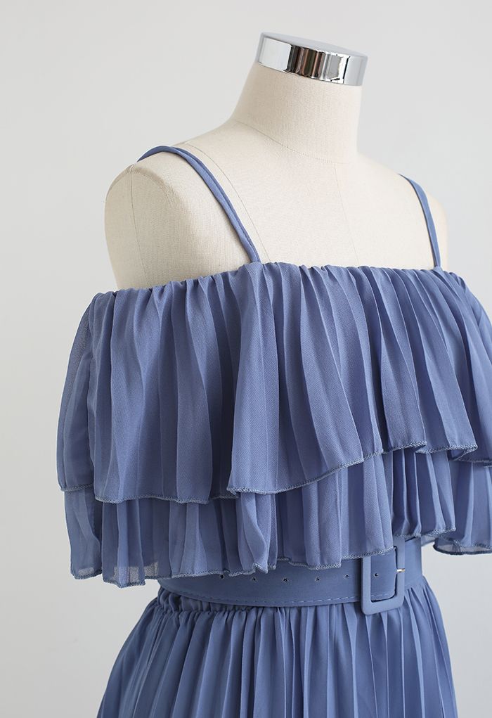 Tiered Cold-Shoulder Pleated Belted Dress in Blue