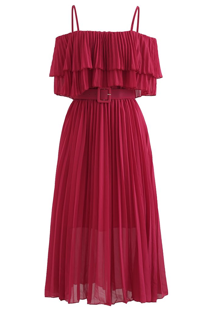 Tiered Cold-Shoulder Pleated Belted Dress in Red