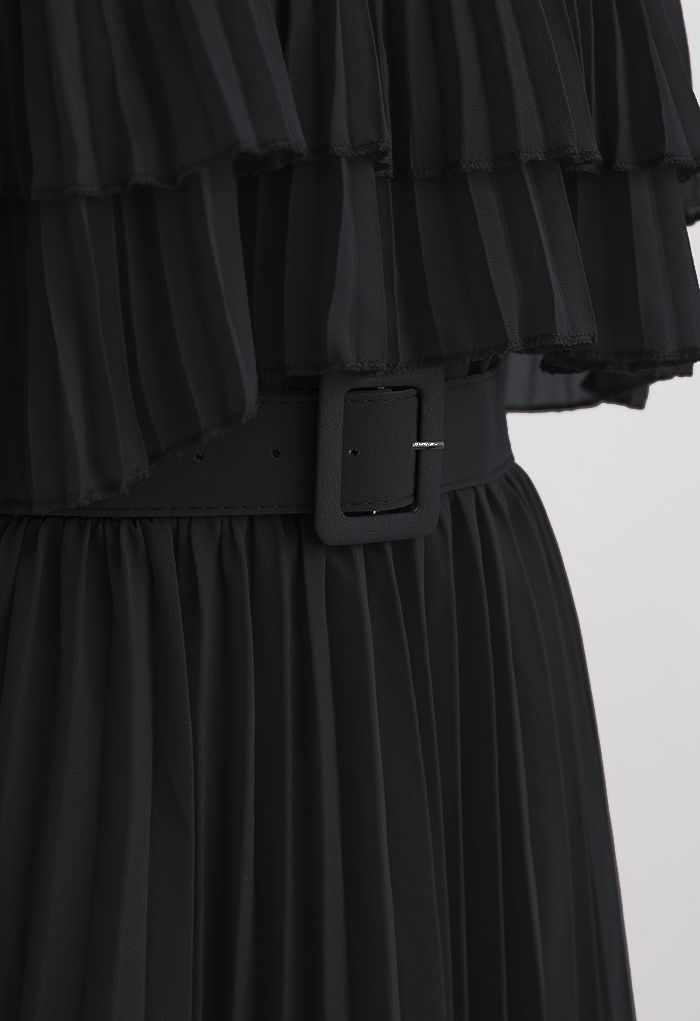 Tiered Cold-Shoulder Pleated Belted Dress in Black
