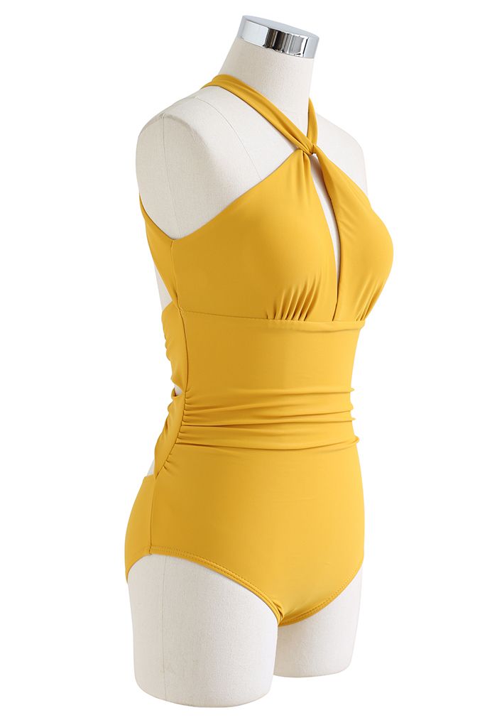 Halter Neck Cut Out Open Back Swimsuit in Mustard