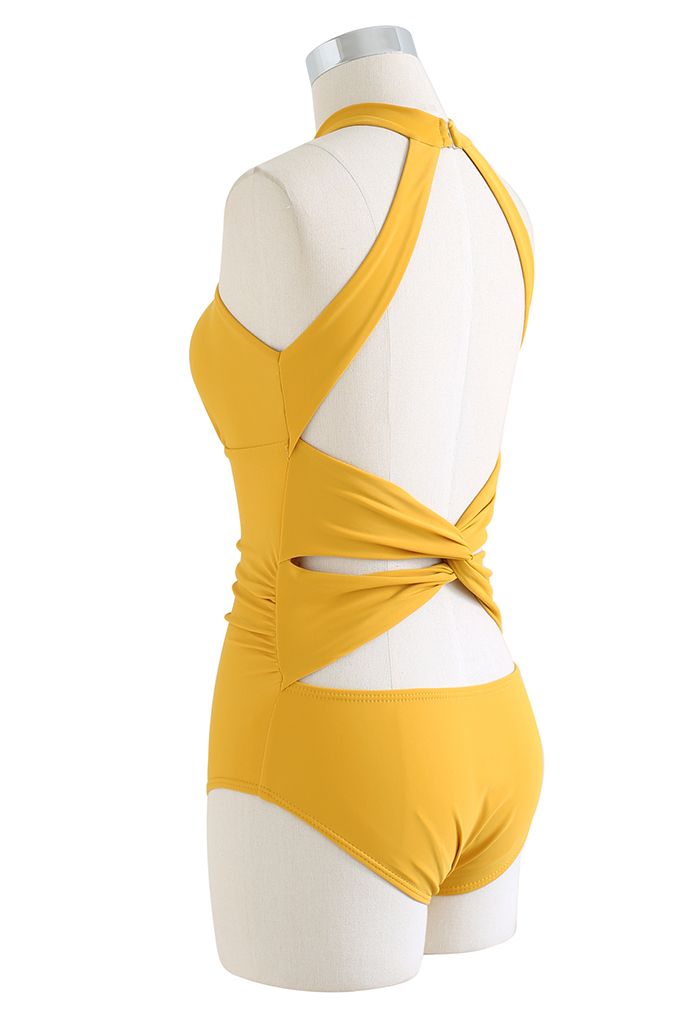 Halter Neck Cut Out Open Back Swimsuit in Mustard