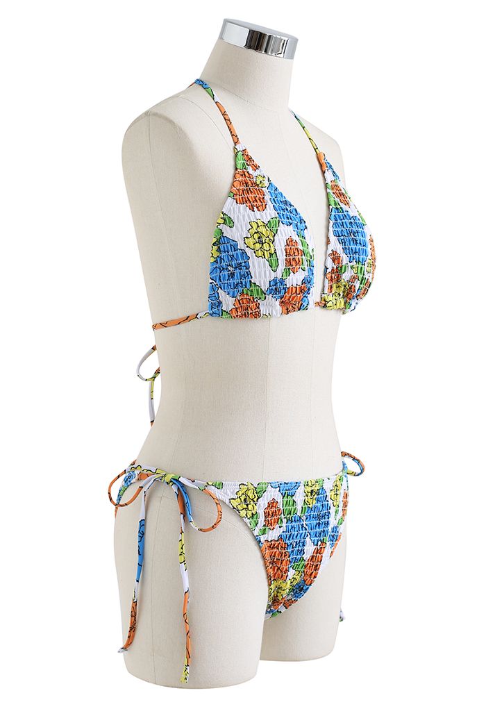 Colorful Flower Shirring Bikini Set