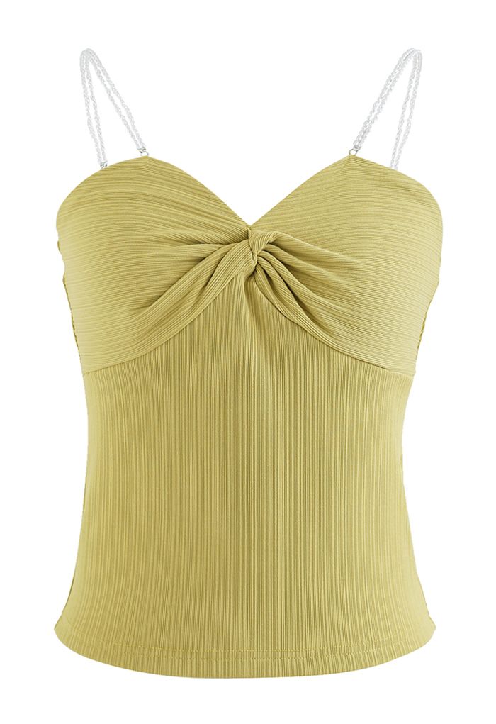 Twisted Front Pearly Straps Crop Tank Top in Lime