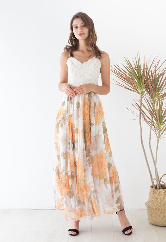 Vibrant Flower Print Chiffon Maxi Skirt in Orange