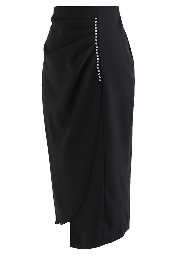 Crystal Trim Ruching Slit Pencil Skirt in Black