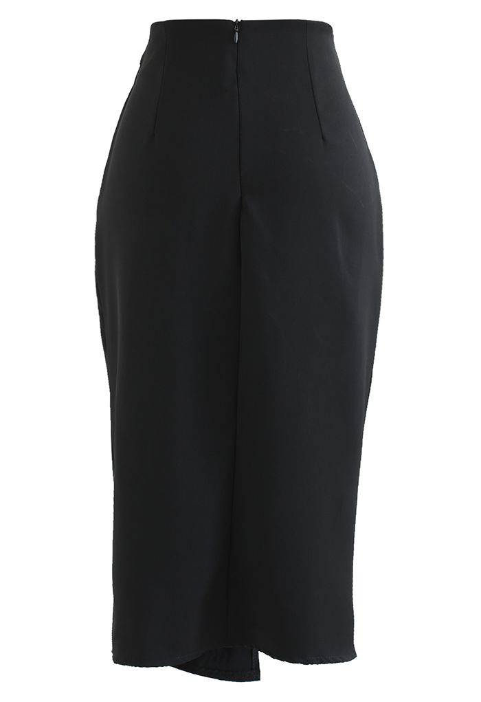 Crystal Trim Ruching Slit Pencil Skirt in Black
