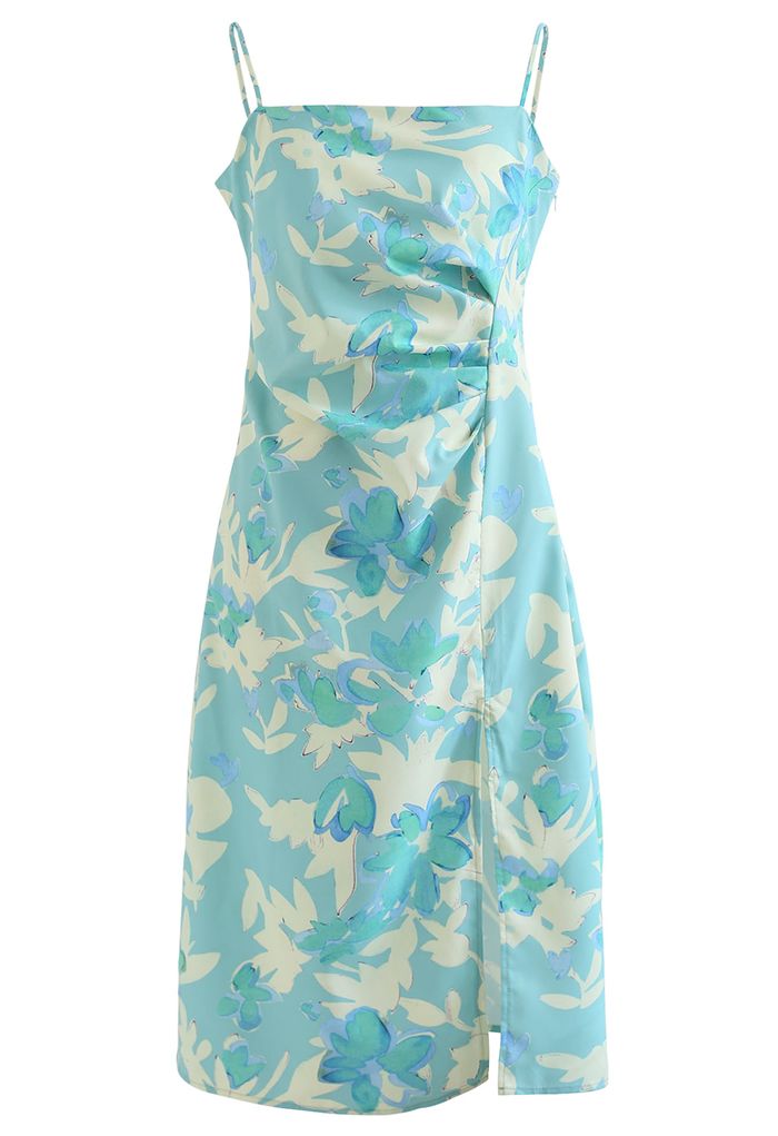Leaf Watercolor Side Pleated Split Cami Dress