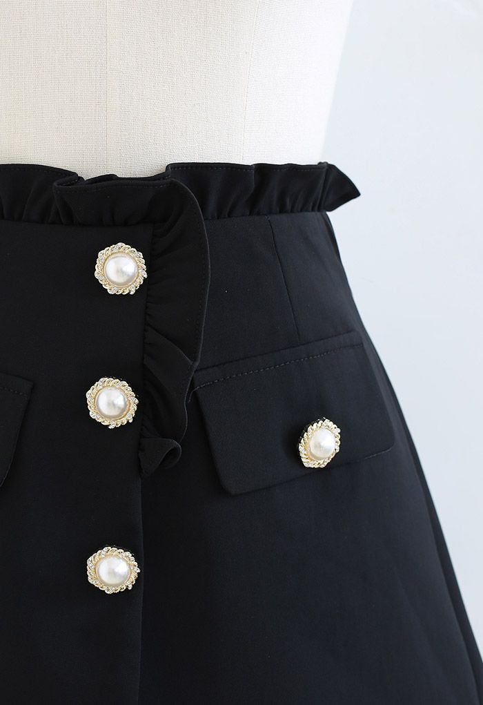 Ruffle Trim Pearl Button Flap Skorts in Black