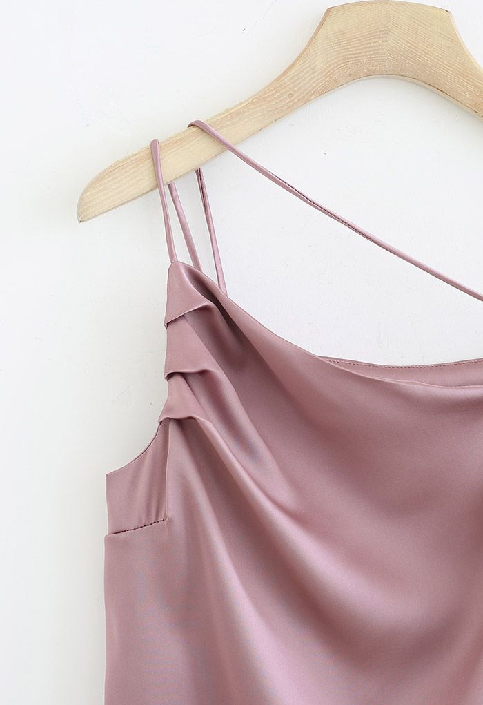 Triple Strings Cowl Neck Satin Tank Top in Dusty Pink