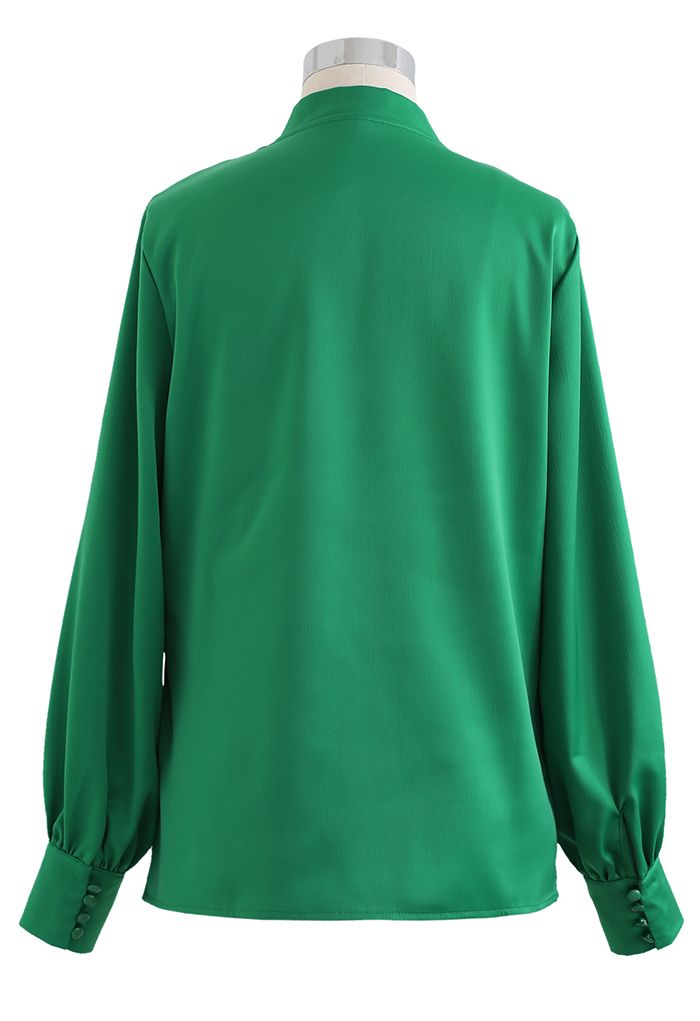 V-Neck Wrap Front Satin Smock Shirt in Green