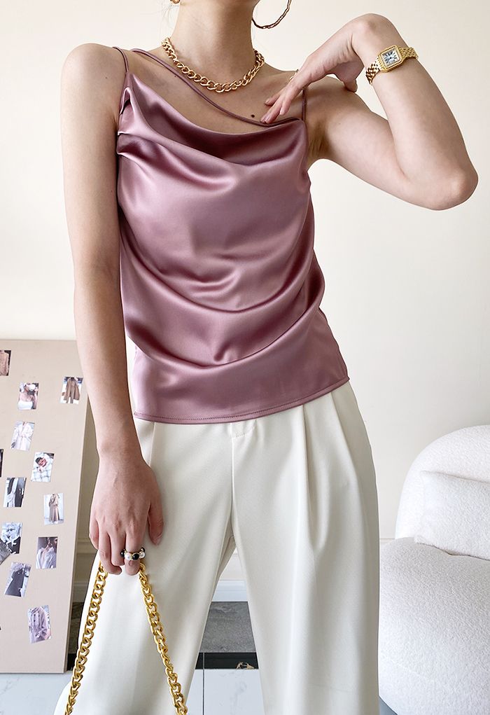 Triple Strings Cowl Neck Satin Tank Top in Dusty Pink