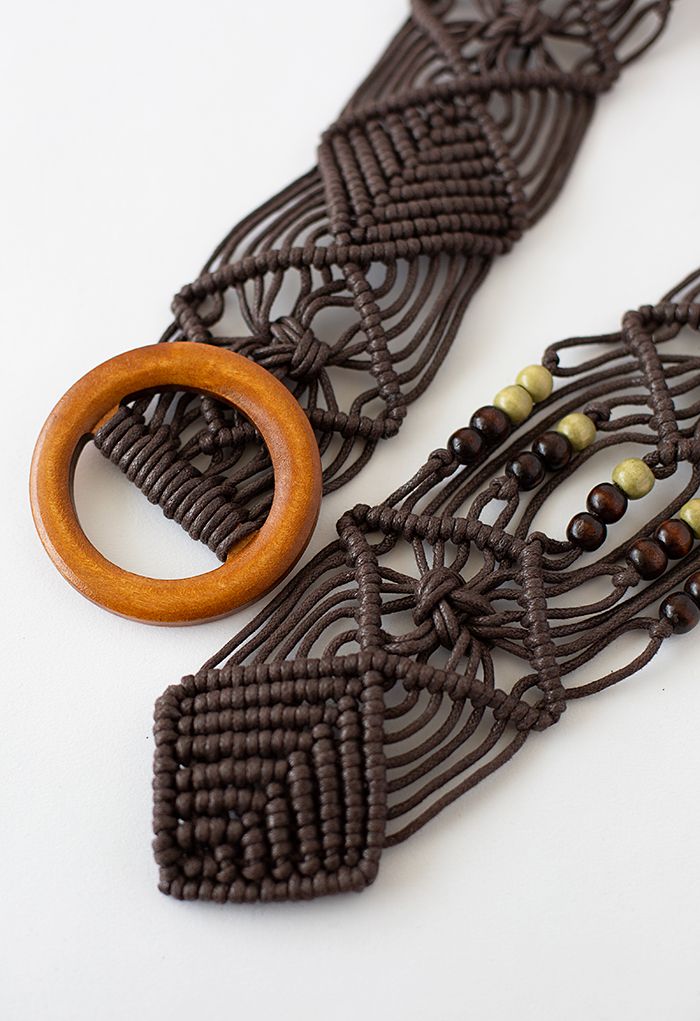 Wooden Buckle Bead Decor Woven Belt in Brown