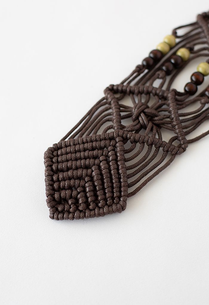 Wooden Buckle Bead Decor Woven Belt in Brown