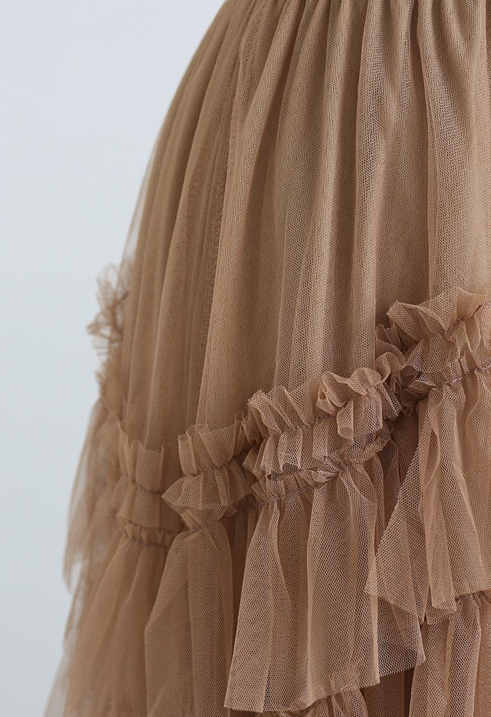 Exquisite Tiered Ruffle Mesh Tulle Skirt in Caramel