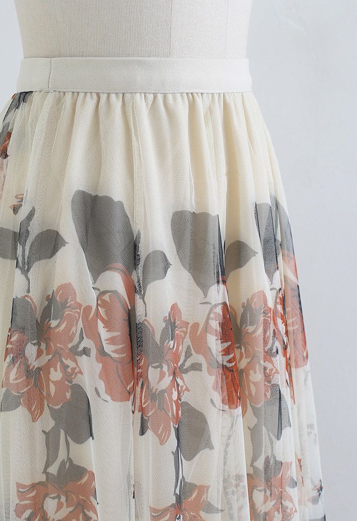 Floral Print Double-Layered Mesh Midi Skirt in Cream