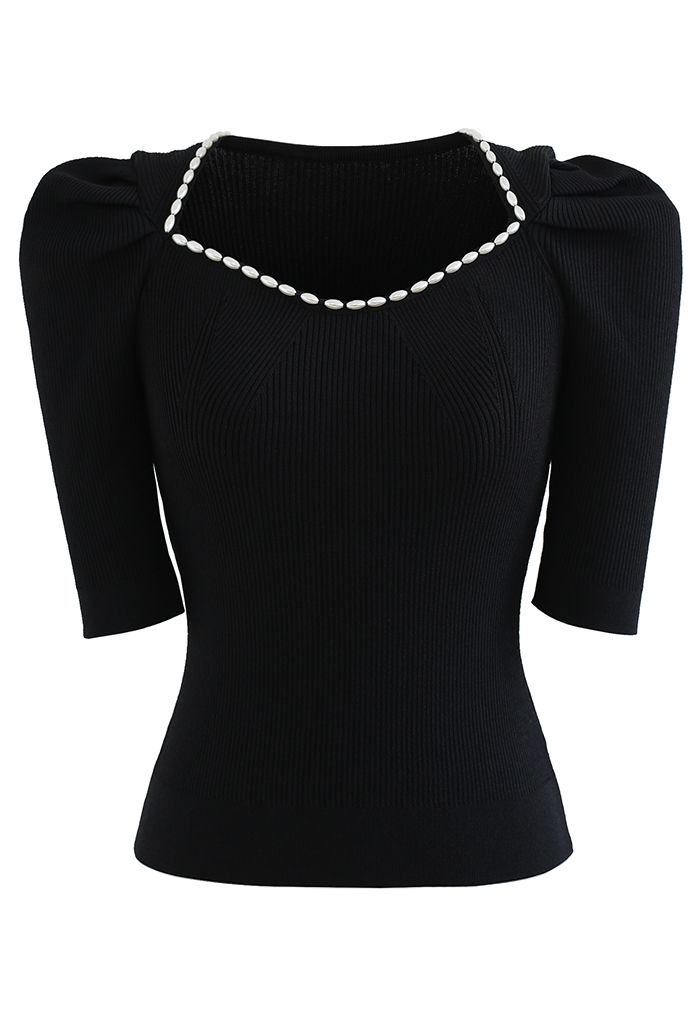 Pearly Neckline Elbow Sleeve Knit Top in Black