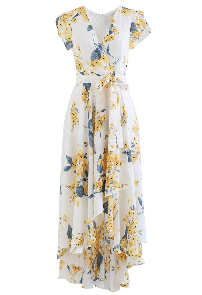 Yellow Floral Wrap Asymmetric Sleeveless Dress
