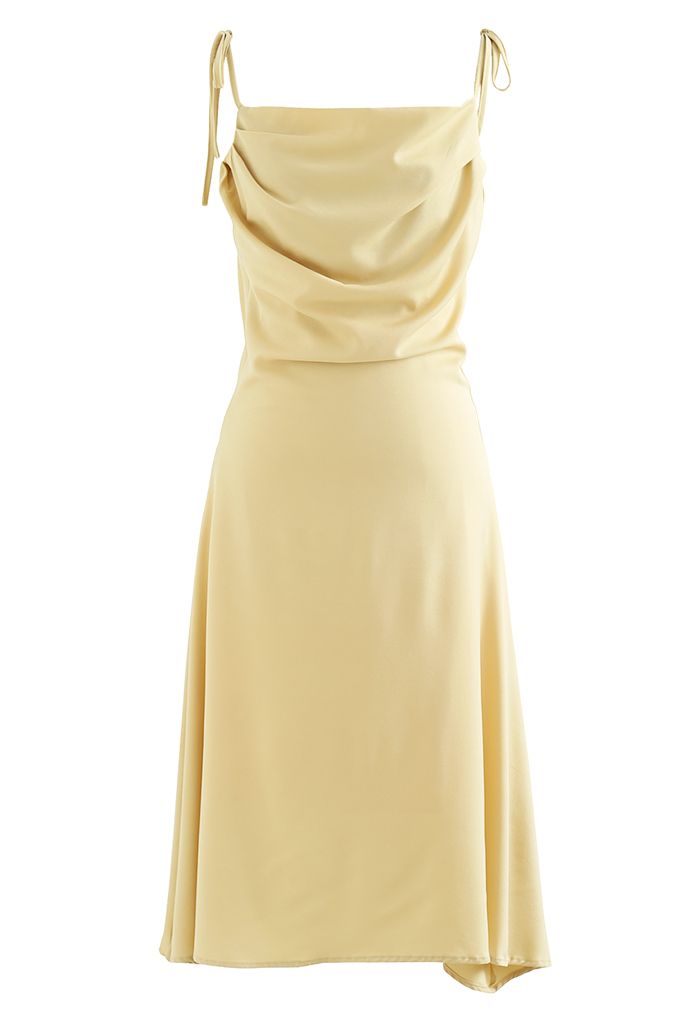 Ruched Cowl Neck Satin Cami Dress in Yellow