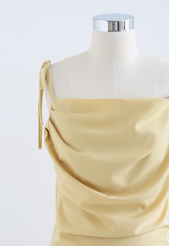 Ruched Cowl Neck Satin Cami Dress in Yellow