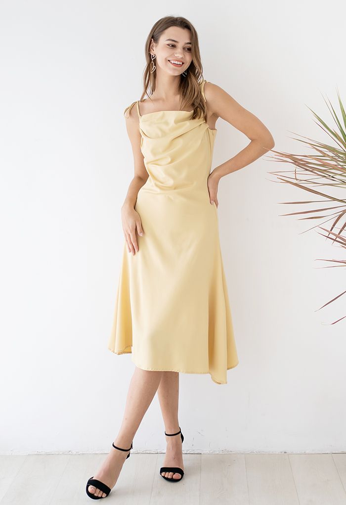 Ruched Cowl Neck Satin Cami Dress in Yellow