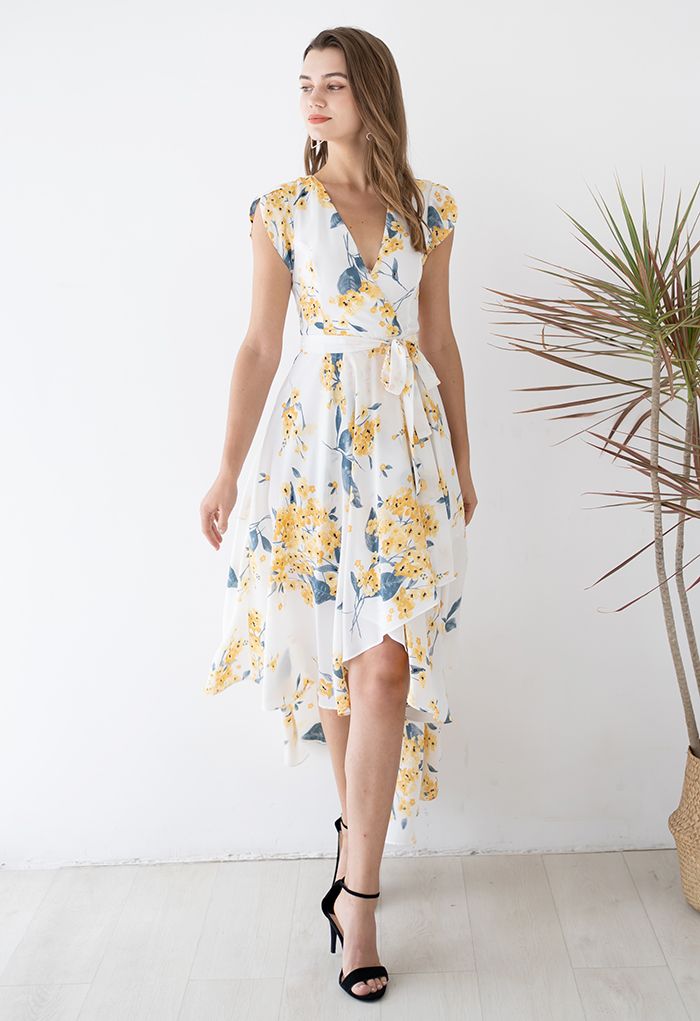 Yellow Floral Wrap Asymmetric Sleeveless Dress