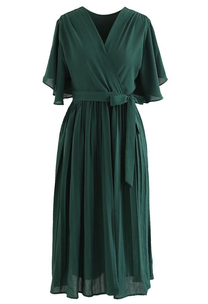 Faux Wrap Tie Waist Pleated Midi Dress in Dark Green