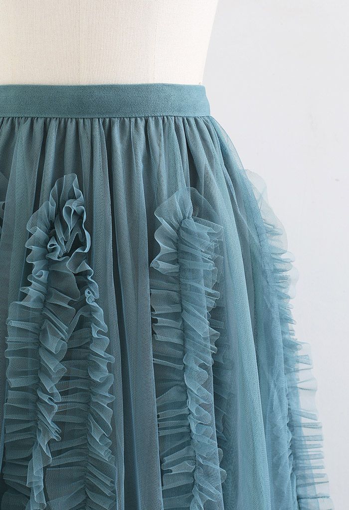 Sinuous Ruffle Double-Layered Mesh Tulle Skirt in Teal