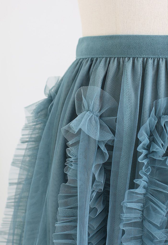 Sinuous Ruffle Double-Layered Mesh Tulle Skirt in Teal