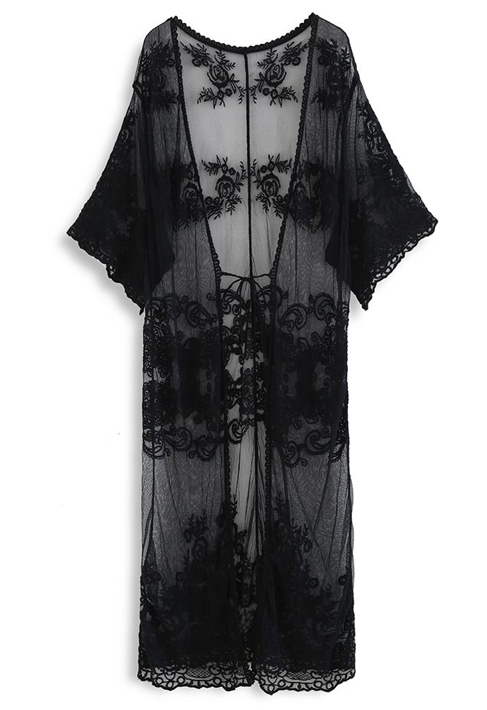 Floral Embroidery Self-Tie Front Kimono in Black