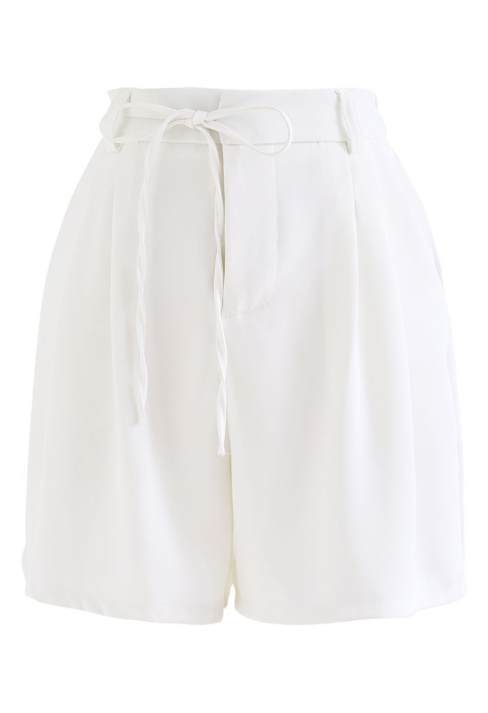 Self-Tie String Side Pocket Shorts in White