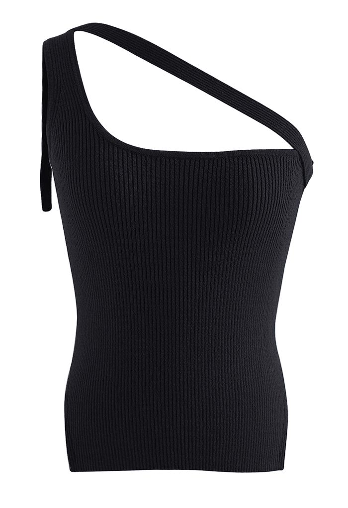 Button Strap One-Shoulder Knit Tank Top in Black