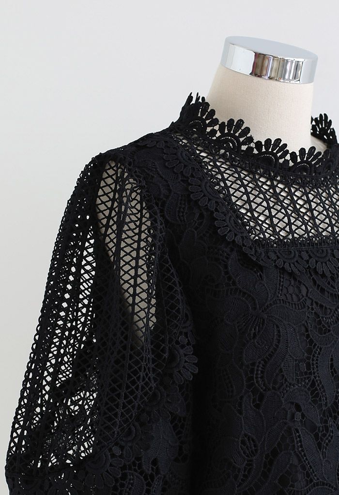 Crochet Blossom Puff Sleeve Top in Black