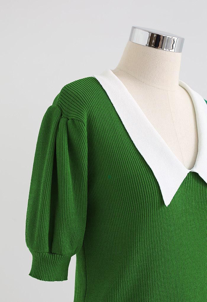 Contrast Pointed Collar Short Sleeve Knit Top in Green