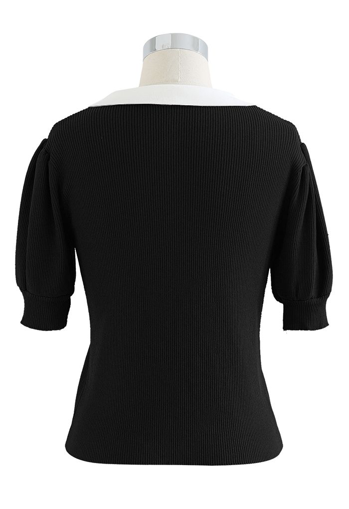Contrast Pointed Collar Short Sleeve Knit Top in Black