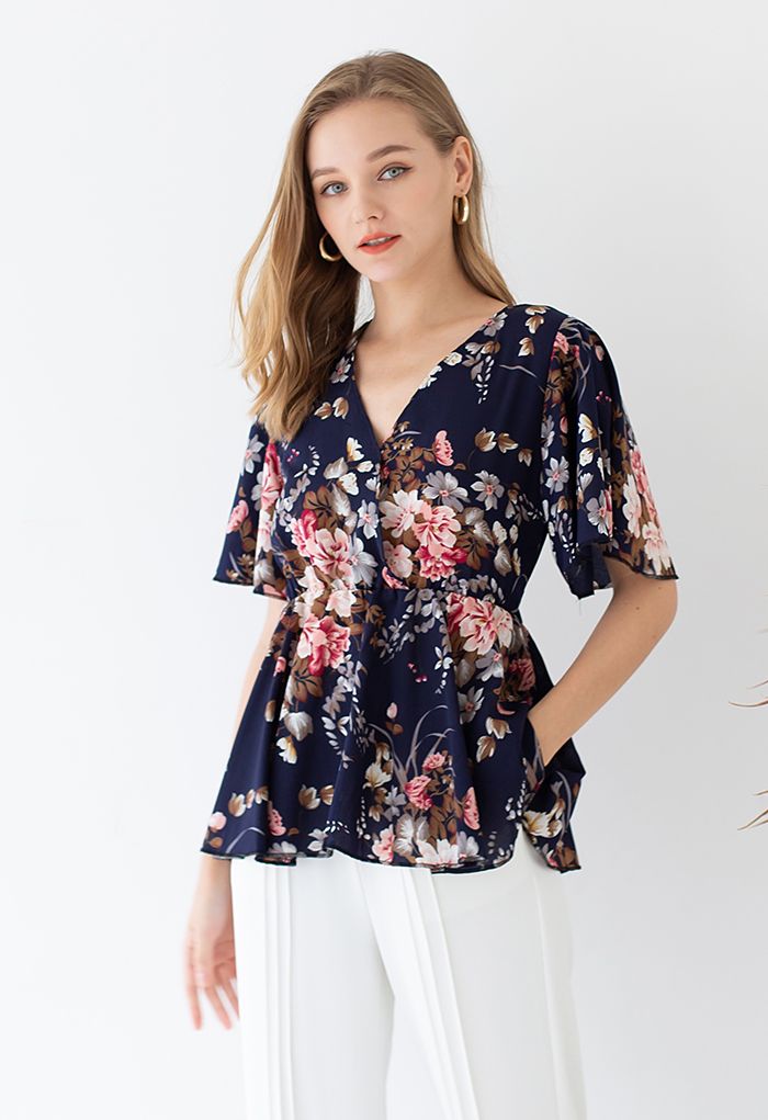 Faux Wrap Floral Peplum Top in Navy