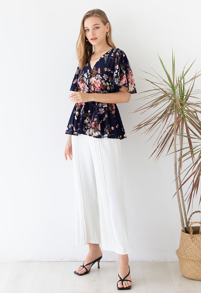 Faux Wrap Floral Peplum Top in Navy