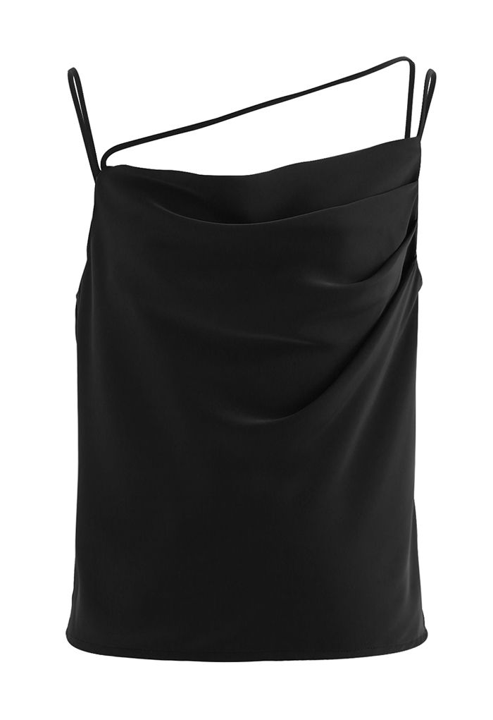 Ruched Front Triple Strings Satin Tank Top in Black