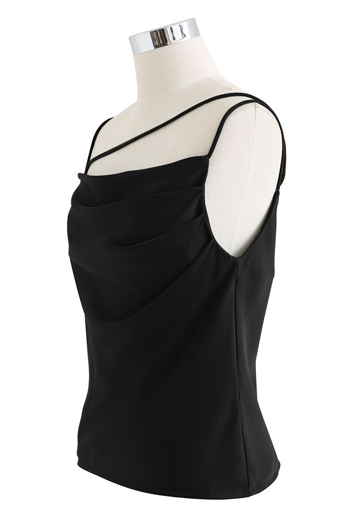 Ruched Front Triple Strings Satin Tank Top in Black