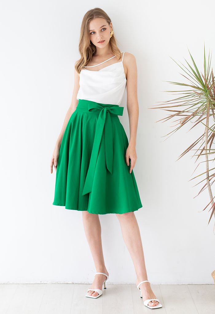 Flare Hem Bowknot Waist Midi Skirt in Green