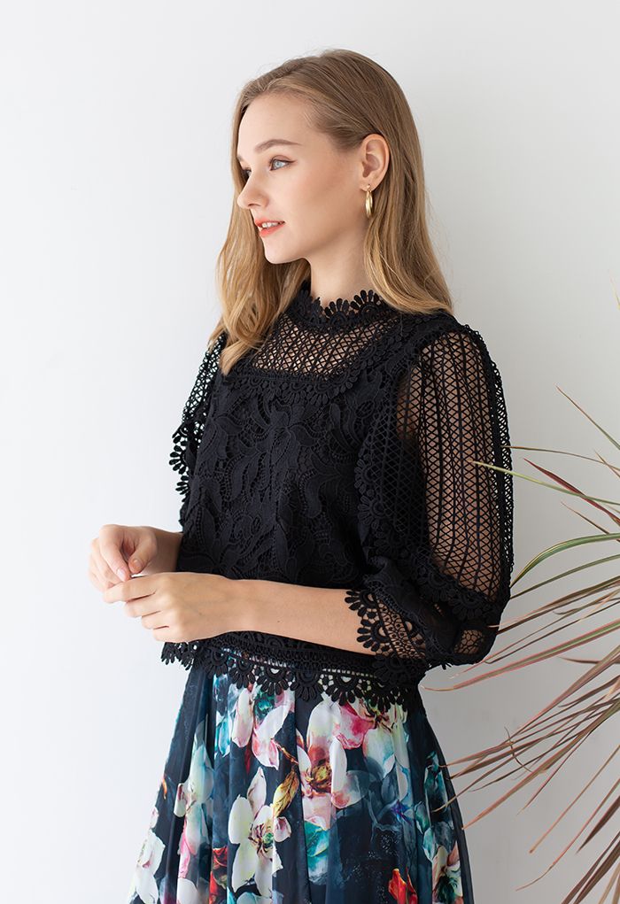 Crochet Blossom Puff Sleeve Top in Black
